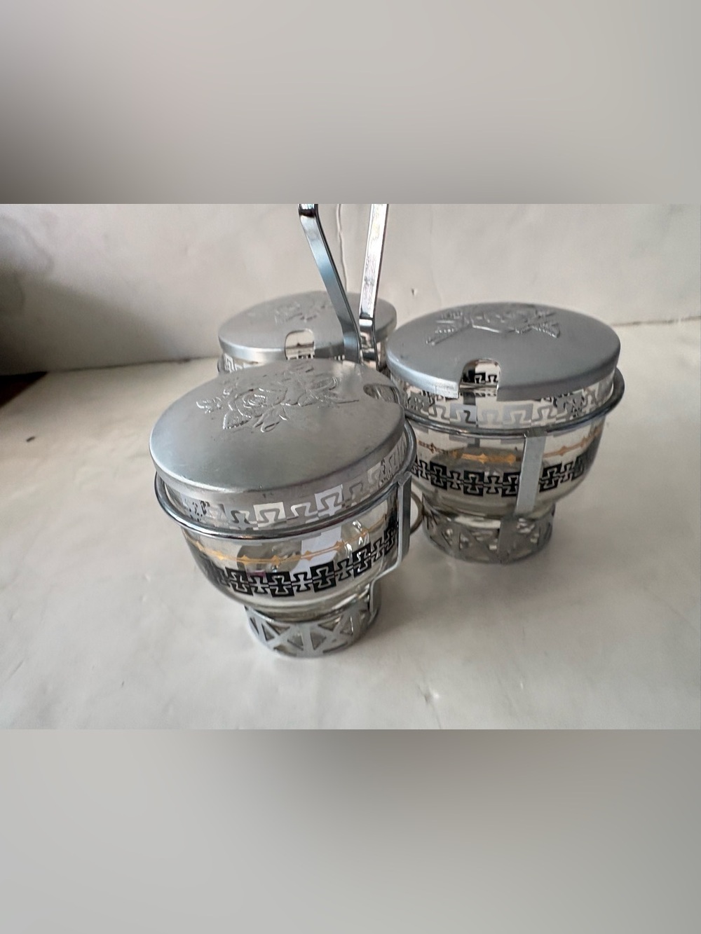 Vintage Tri Three Bowl Libbey Glass Sauce Condiment Serving Bowls with Lids Set